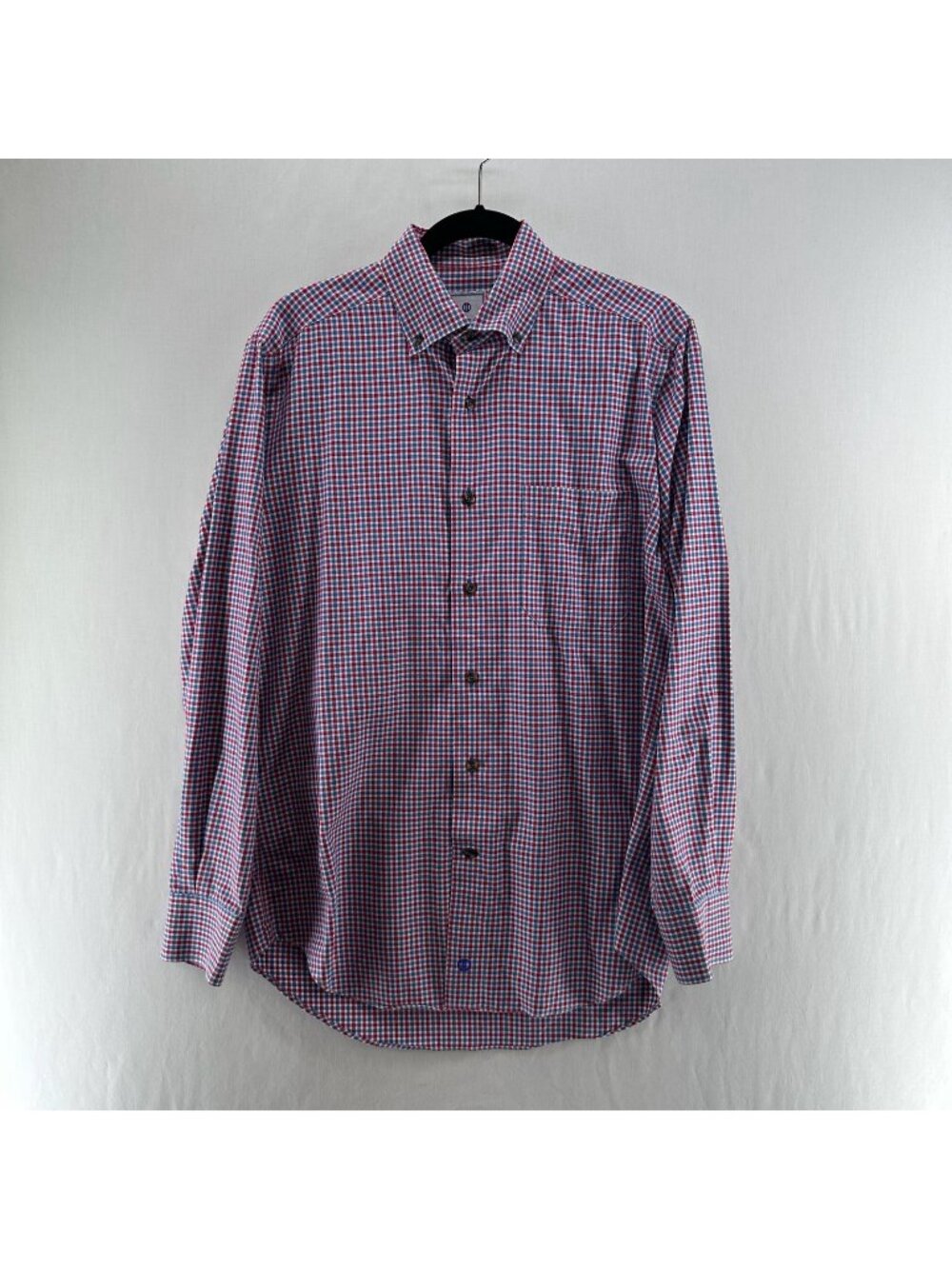 David Donahue Button Down Shirt Men  M 100% Cotton Long Sleeve Gingham Red/ Blue